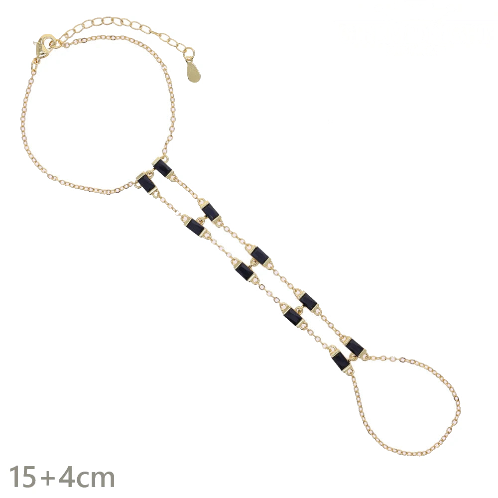 B345 Gold Black CZ Tassel Hand Chain Bracelet
