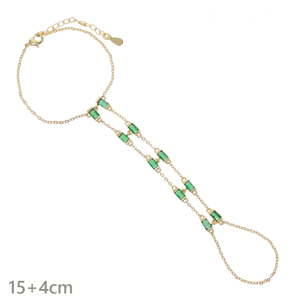 B345 Gold Green CZ Tassel Hand Chain Bracelet