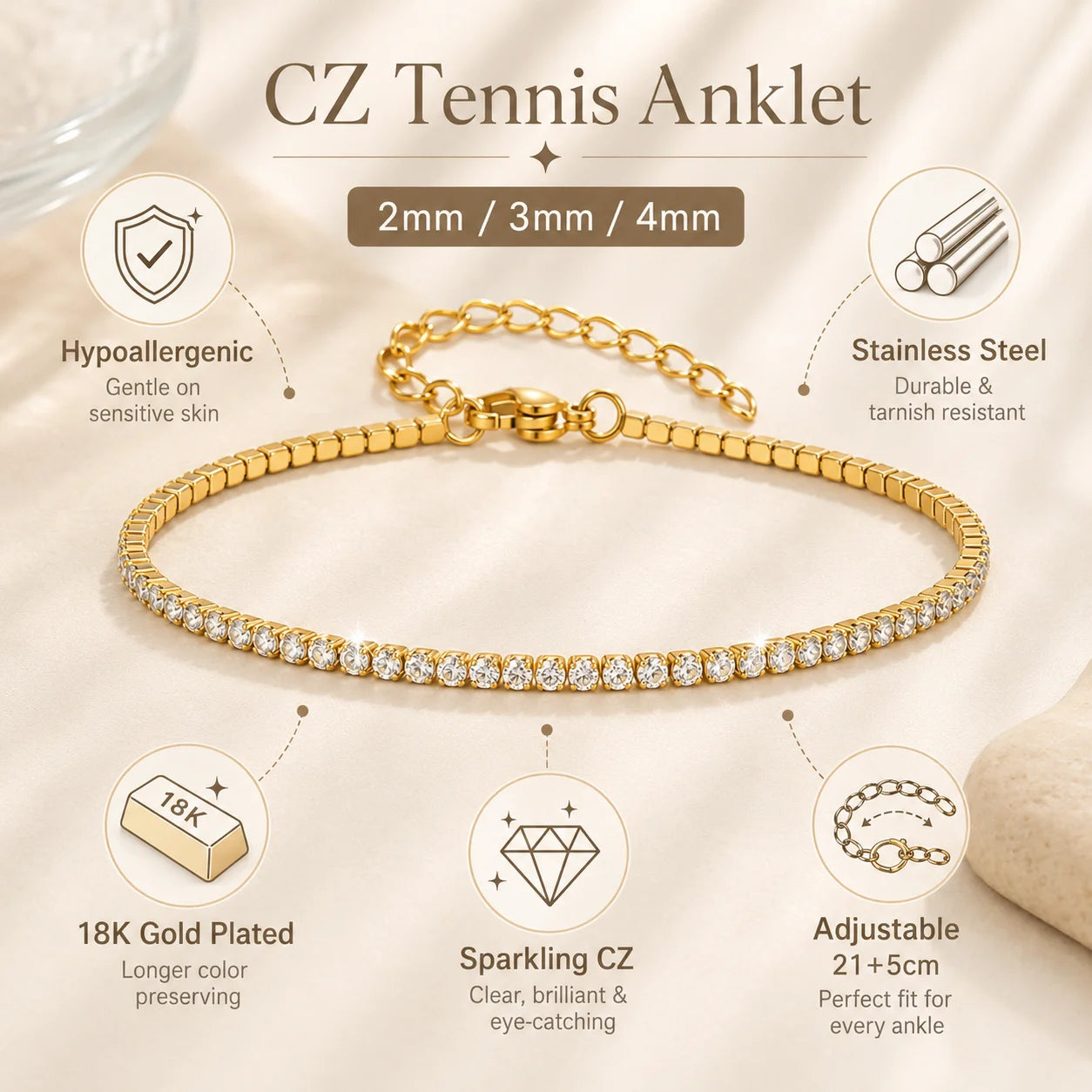 CZ Tennis Anklet 18K Gold Plated Features