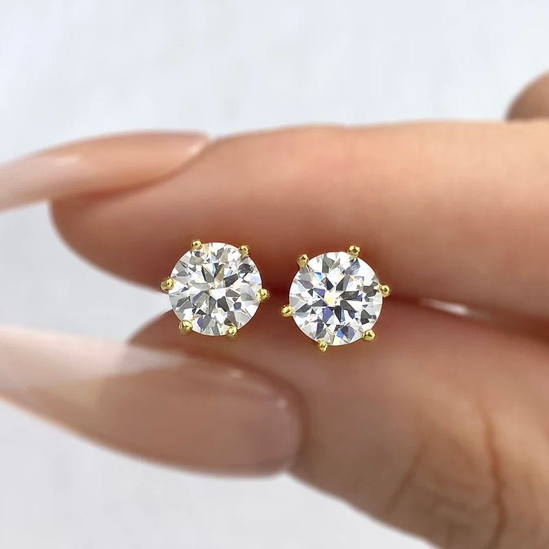 Round moissanite stud earrings in silver setting — SARAB Jewelry — detail 7