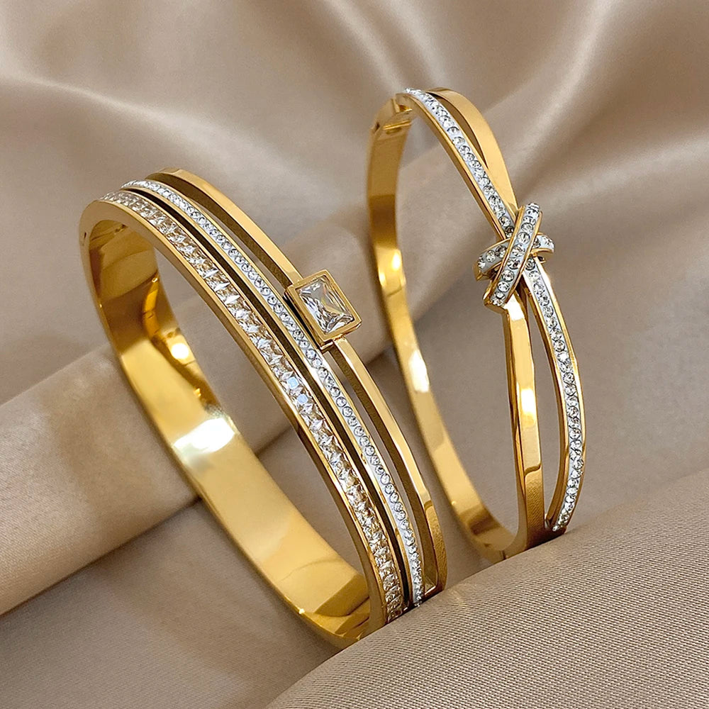 Crystal Cuff Bangle Set | Gold-Plated Stainless Steel