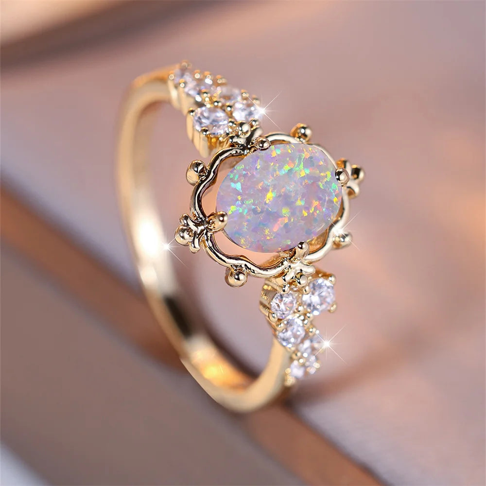 White Opal Flower Ring | Vintage Gold-Plated Bridal Band