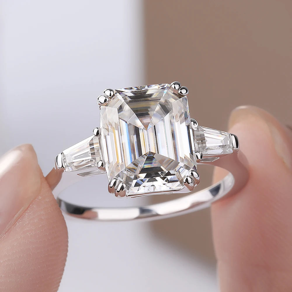 Emerald cut moissanite three-stone engagement ring in white gold — SARAB Jewelry — detail 2