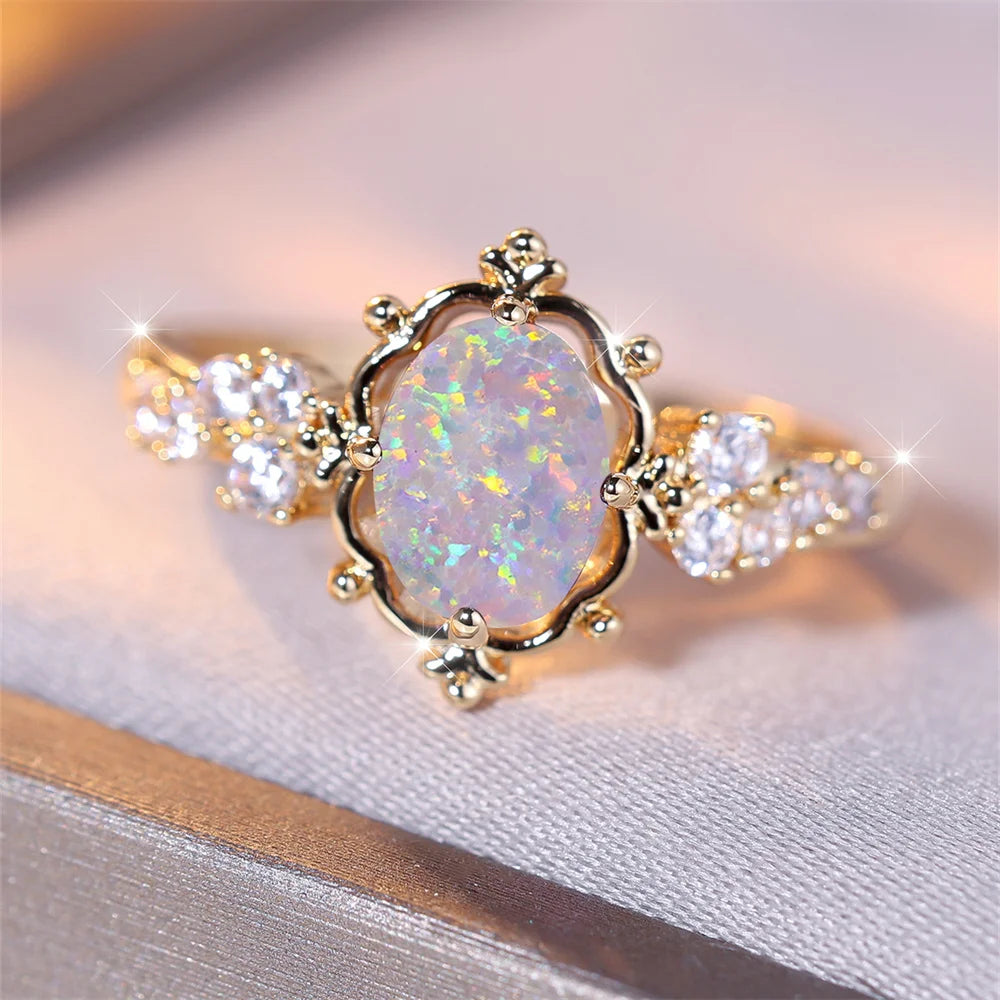White Opal Flower Ring | Vintage Gold-Plated Bridal Band