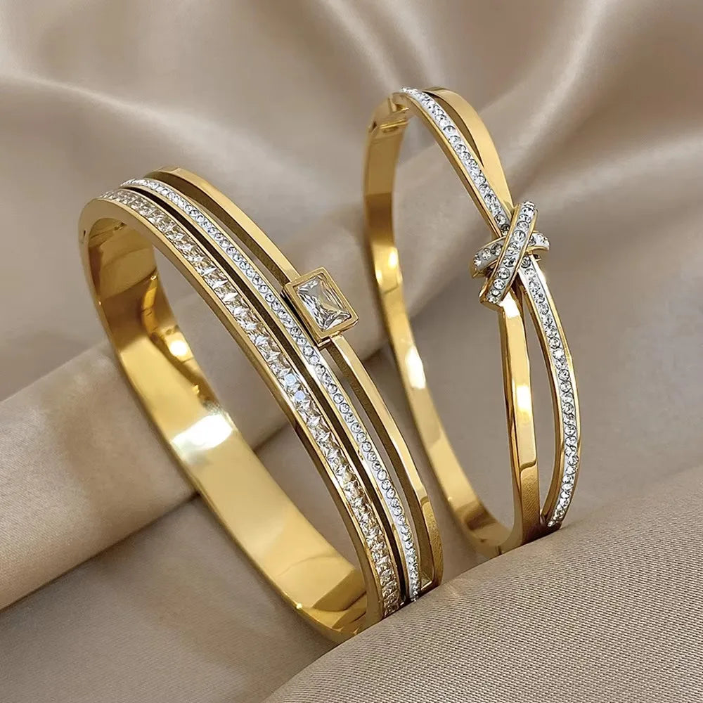 Crystal Cuff Bangle Set | Gold-Plated Stainless Steel