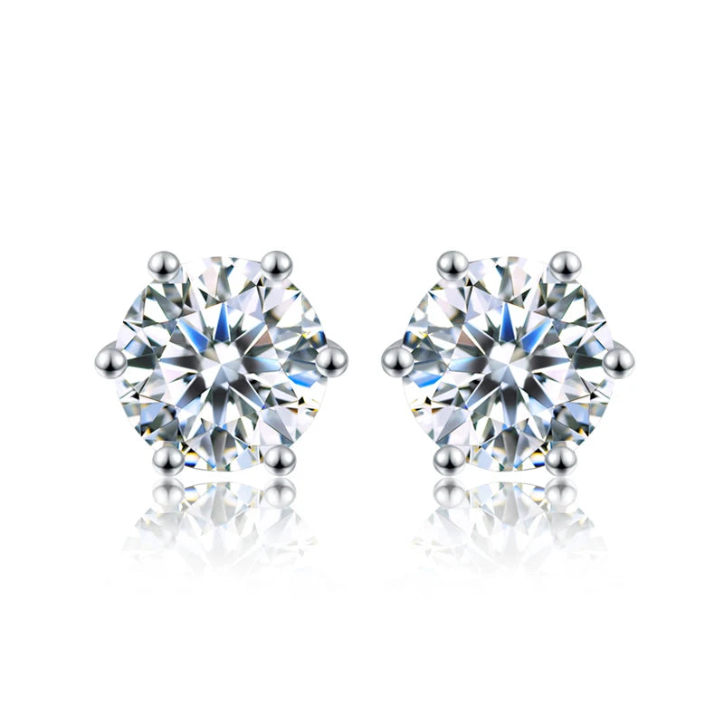 Round moissanite stud earrings in silver setting — SARAB Jewelry — detail 2
