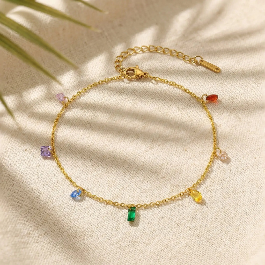 Colorful CZ Station Anklet | Waterproof Stainless Steel