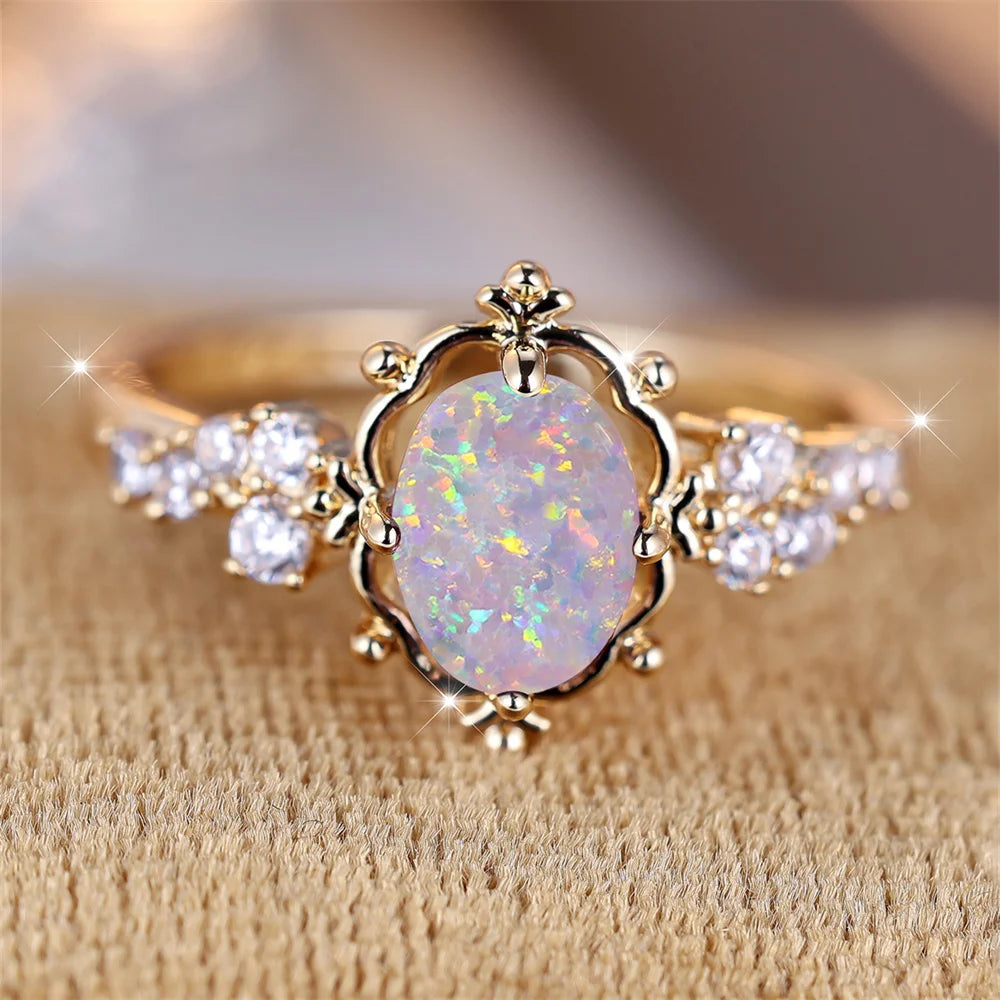 White Opal Flower Ring | Vintage Gold-Plated Bridal Band