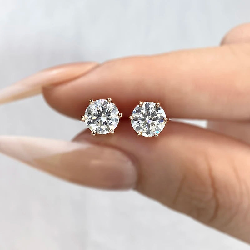 Round moissanite stud earrings in silver setting — SARAB Jewelry — detail 9