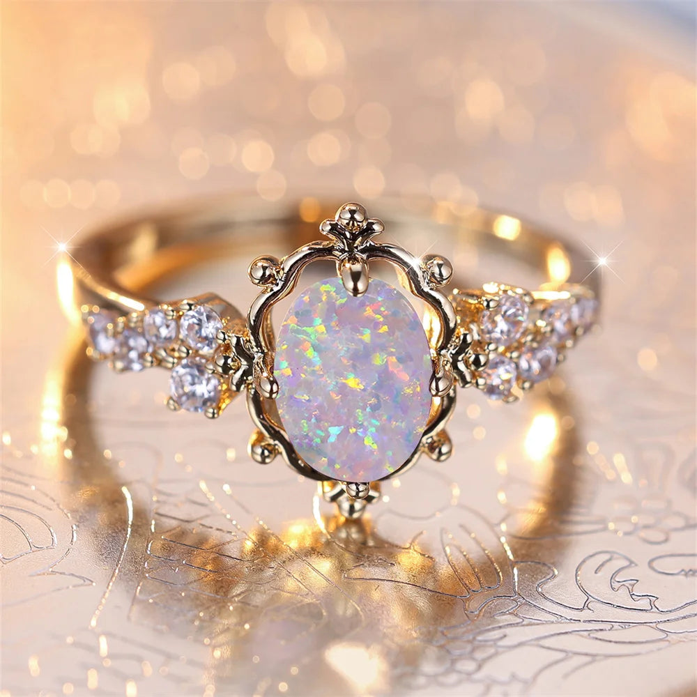 White Opal Flower Ring | Vintage Gold-Plated Bridal Band