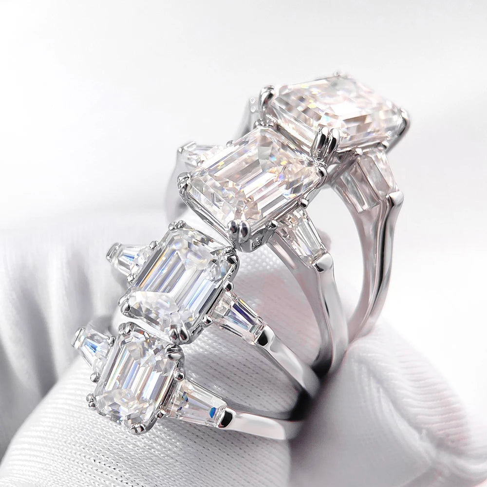 Emerald cut moissanite three-stone engagement ring in white gold — SARAB Jewelry — detail 5