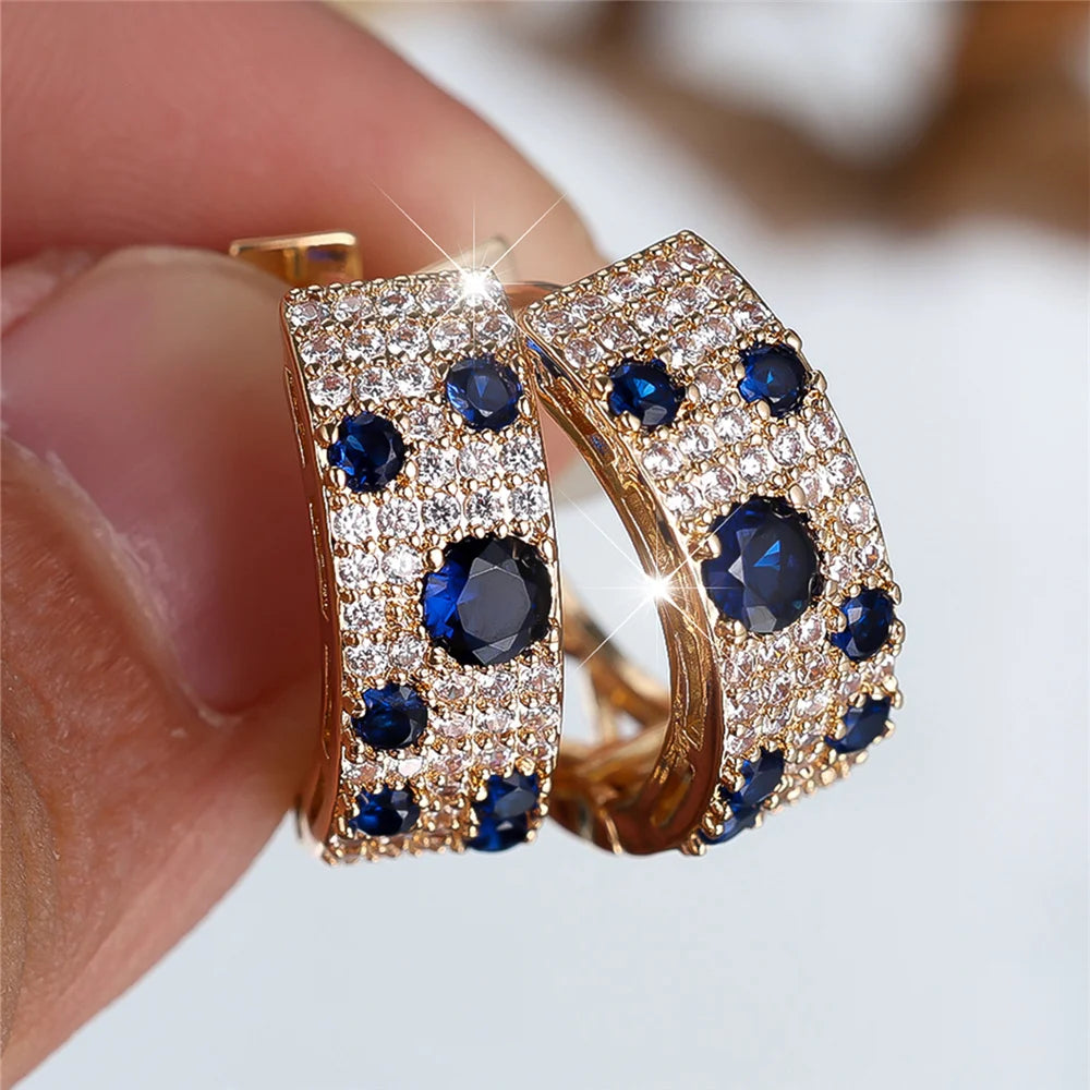 Blue & White Zircon Hoop Earrings | Gold-Plated 925 Silver