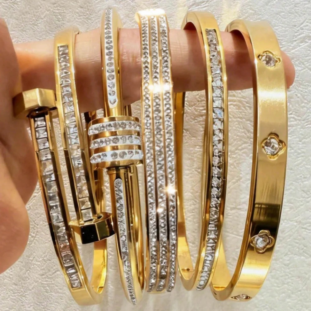 Zircon Bangle Set | Stacked Stainless Steel