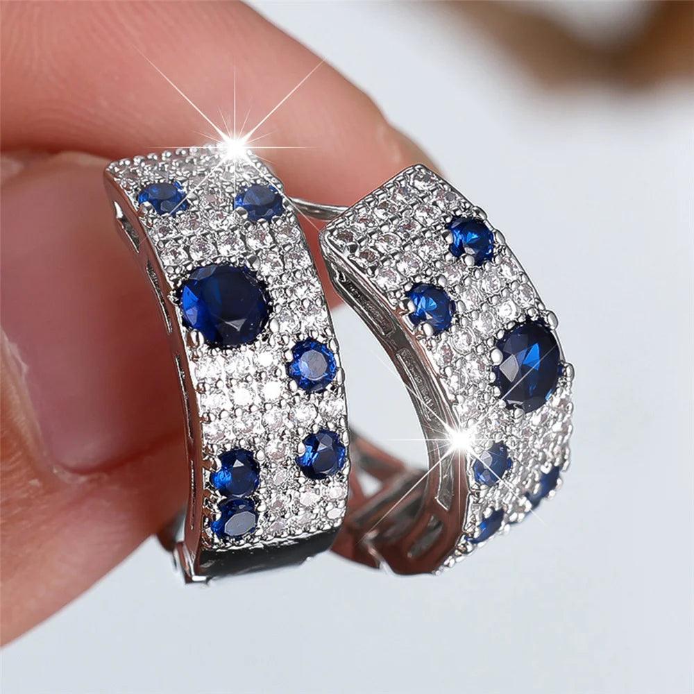 Blue & White Zircon Hoop Earrings | Gold-Plated 925 Silver