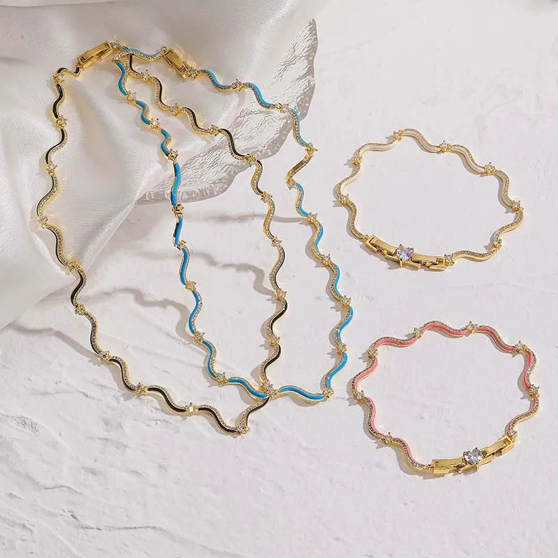 Enamel Wave Chain Jewelry Set | 18K Gold-Plated Brass