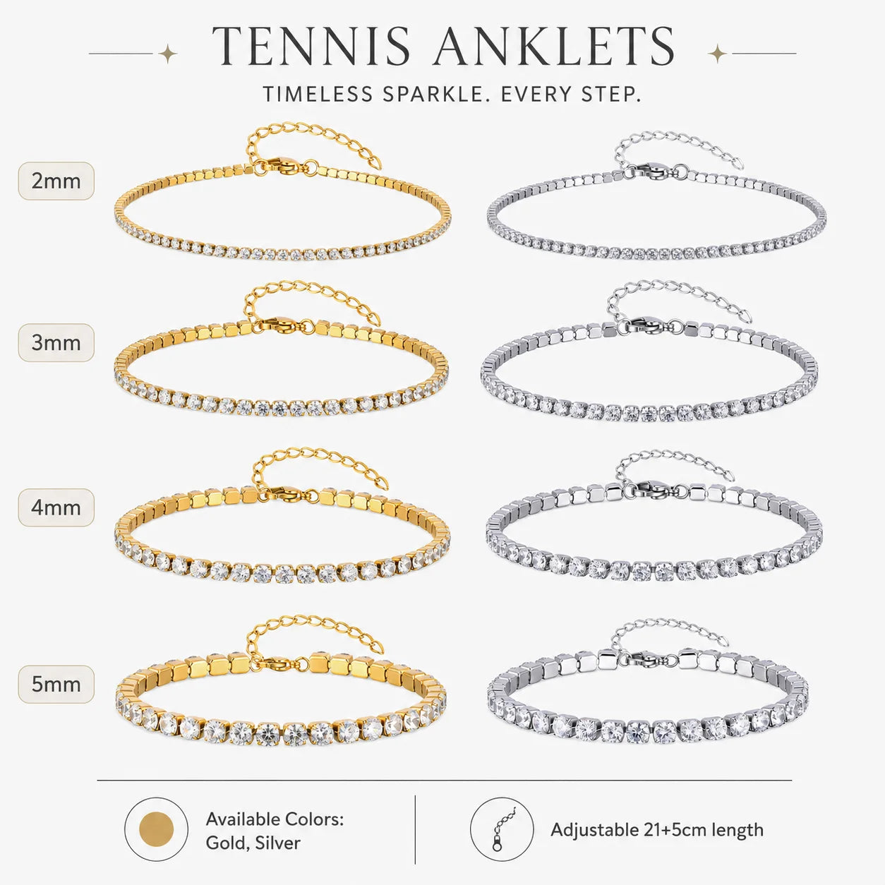 Tennis Anklet All Sizes 2mm 3mm 4mm 5mm Gold Silver