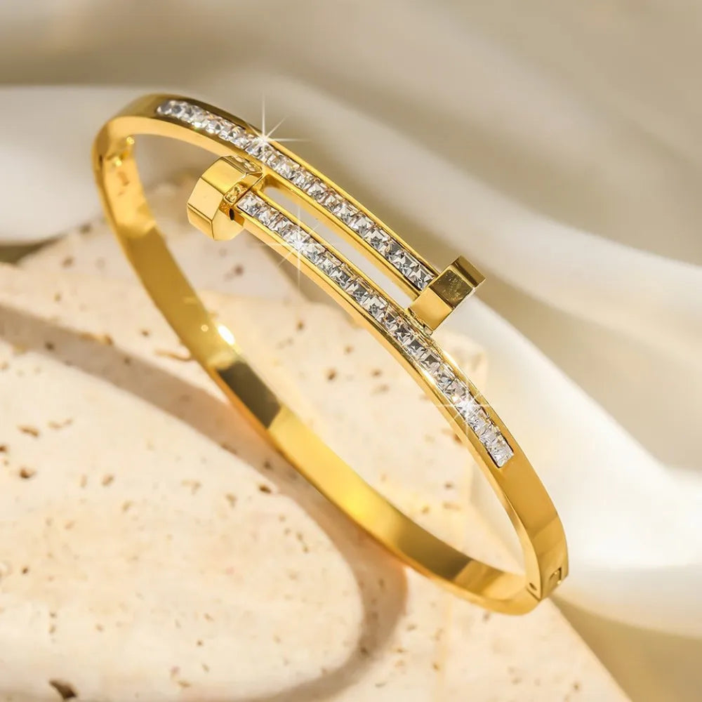 Zircon Bangle Set | Stacked Stainless Steel