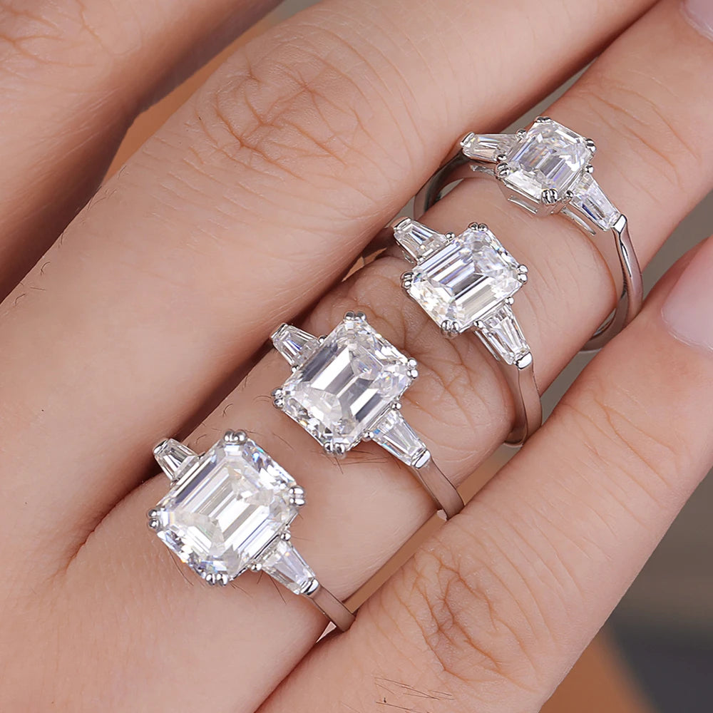 Emerald cut moissanite three-stone engagement ring in white gold — SARAB Jewelry — detail 6