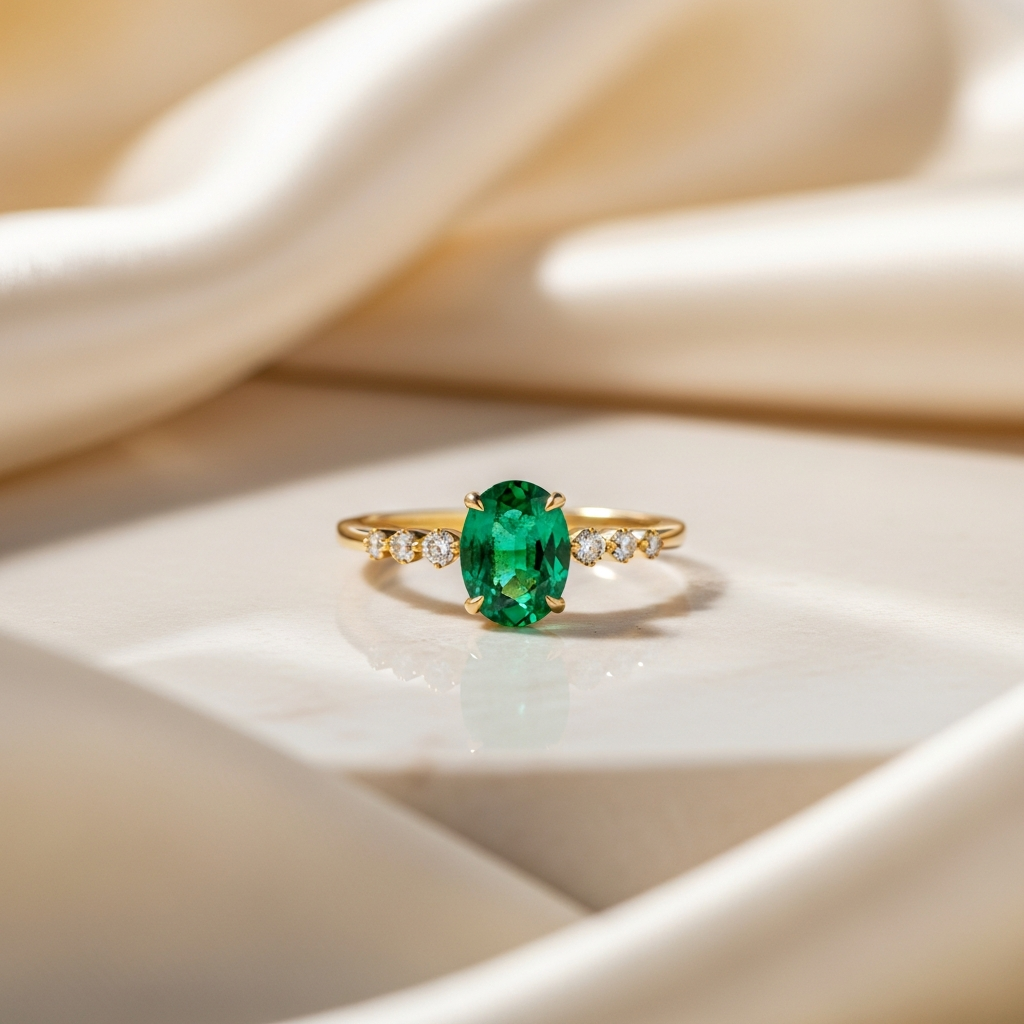 Colombian emerald gold ring with accent diamonds — SARAB Jewelry — lifestyle 1