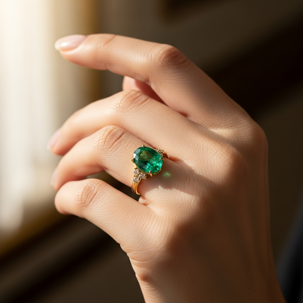Colombian emerald gold ring with accent diamonds — SARAB Jewelry — lifestyle 2
