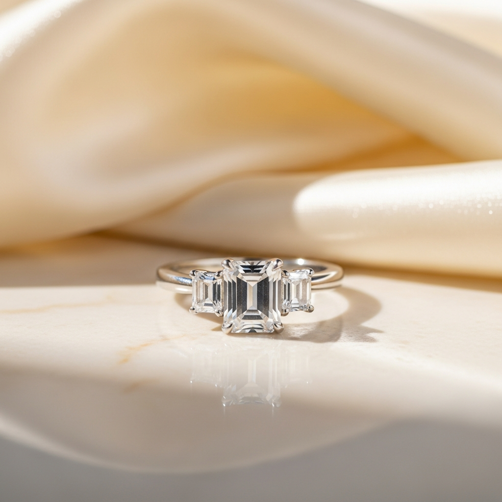 Emerald cut moissanite three-stone engagement ring in white gold — SARAB Jewelry — lifestyle 1