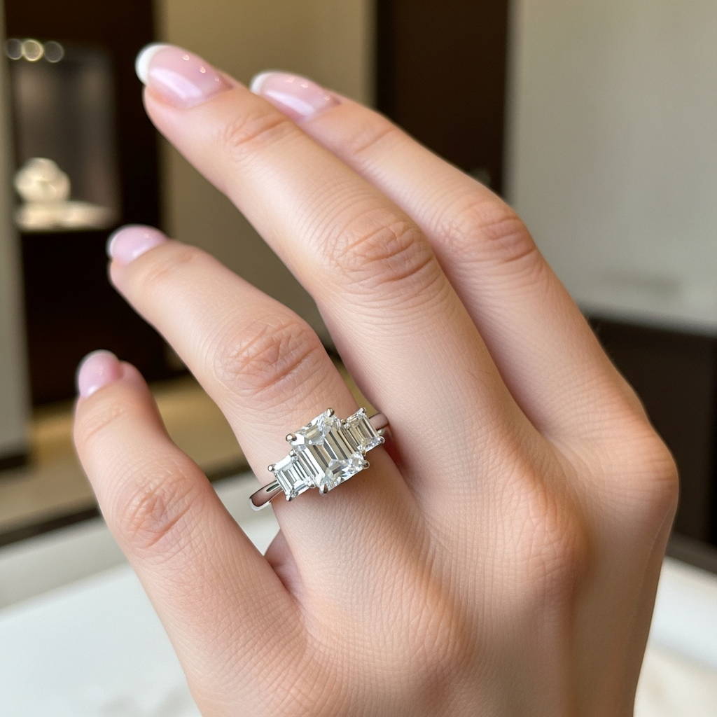 Emerald cut moissanite three-stone engagement ring in white gold — SARAB Jewelry — lifestyle 2