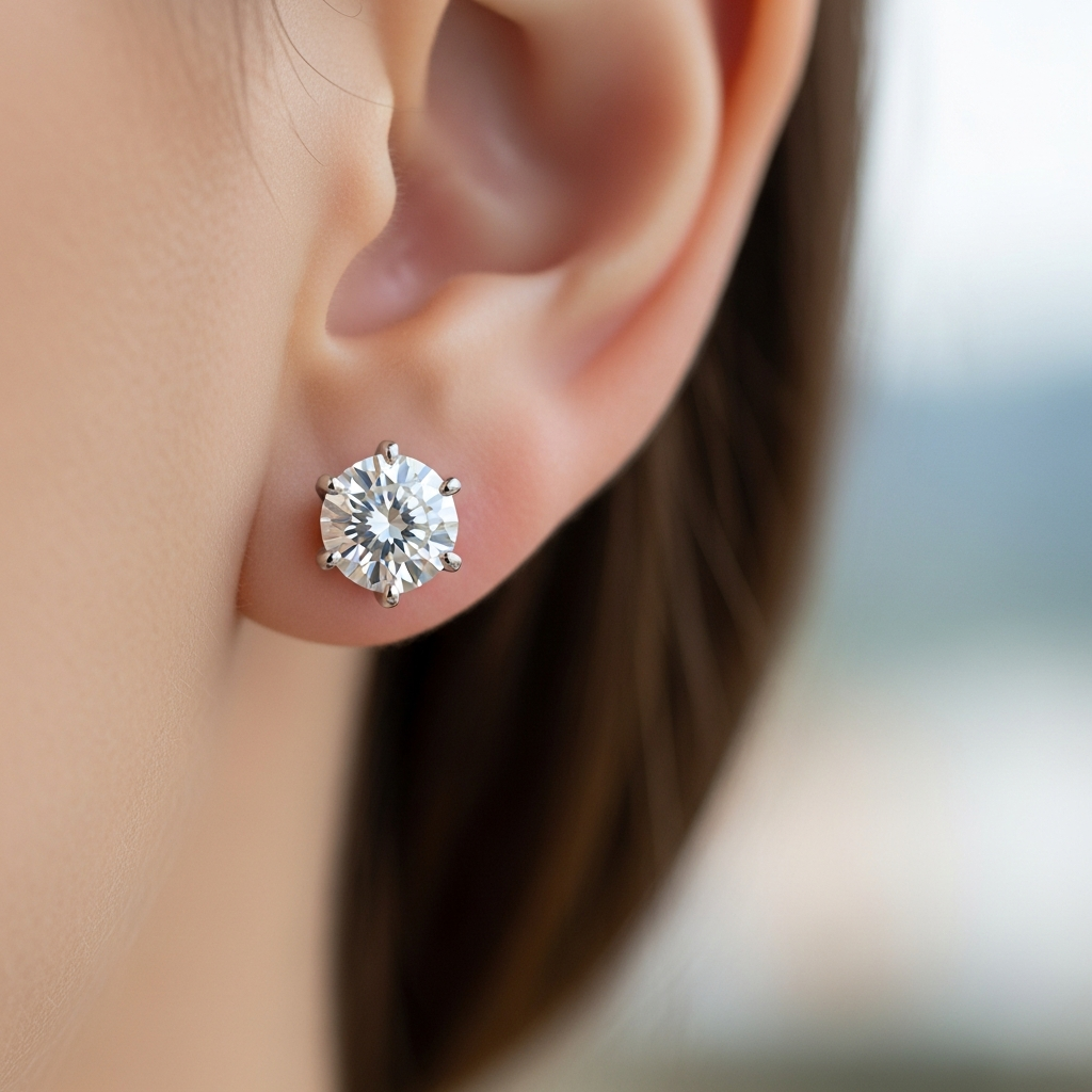 Round moissanite stud earrings in silver setting — SARAB Jewelry