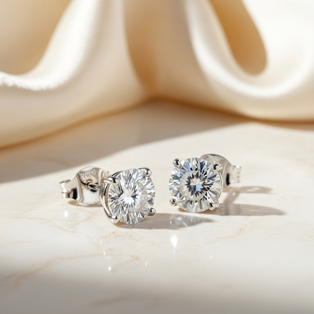Round moissanite stud earrings in silver setting — SARAB Jewelry — lifestyle 1