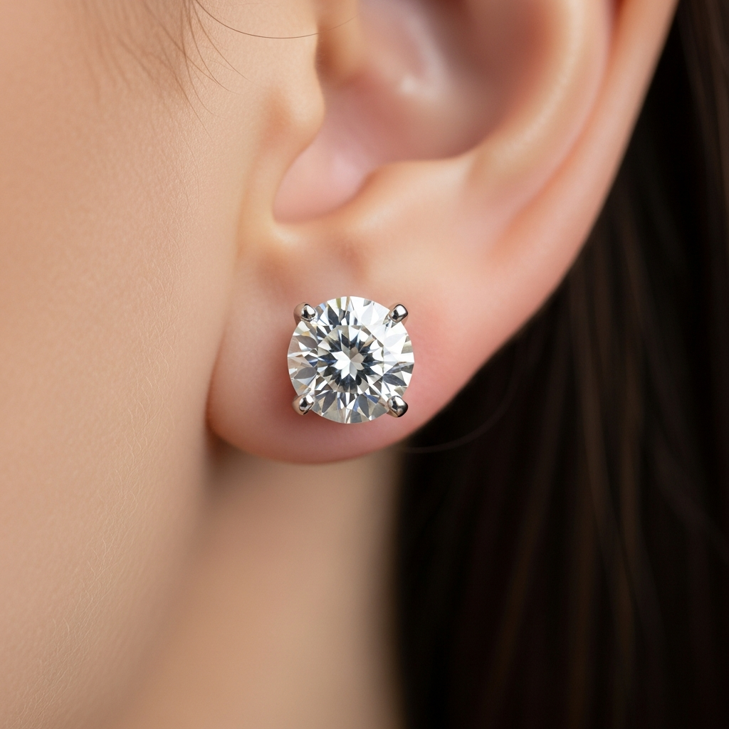 Round moissanite stud earrings in silver setting — SARAB Jewelry — lifestyle 2