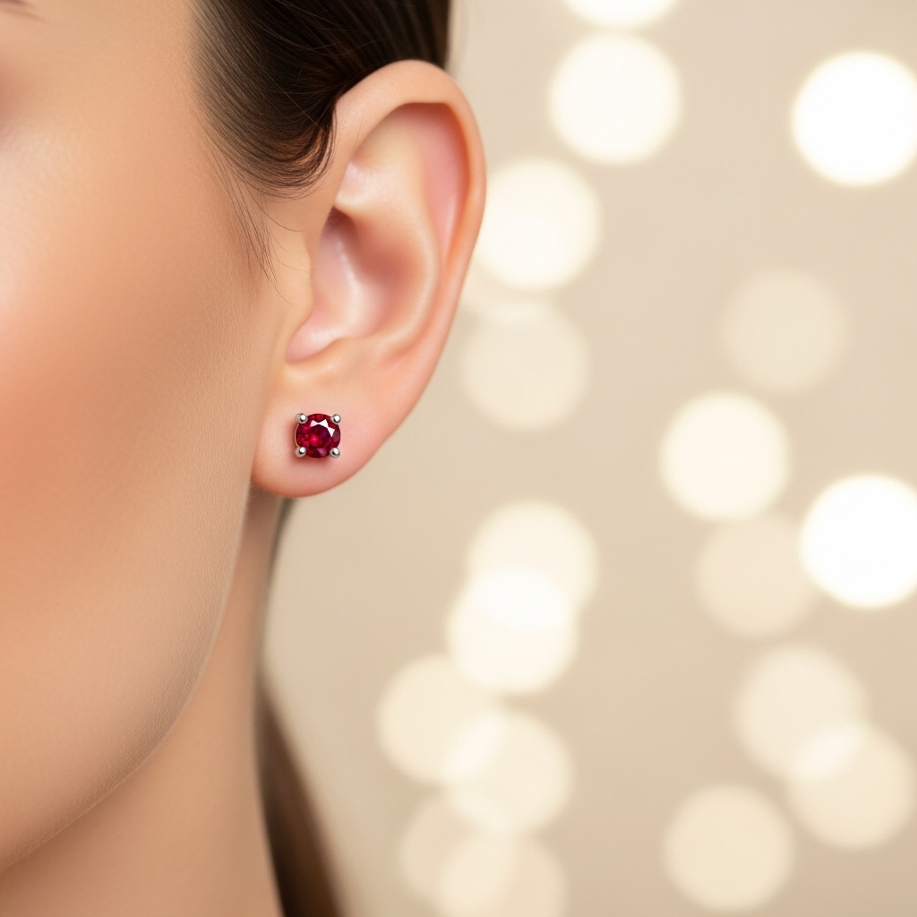 Lab Ruby Gemstone Stud Earrings – worn on model – SARAB