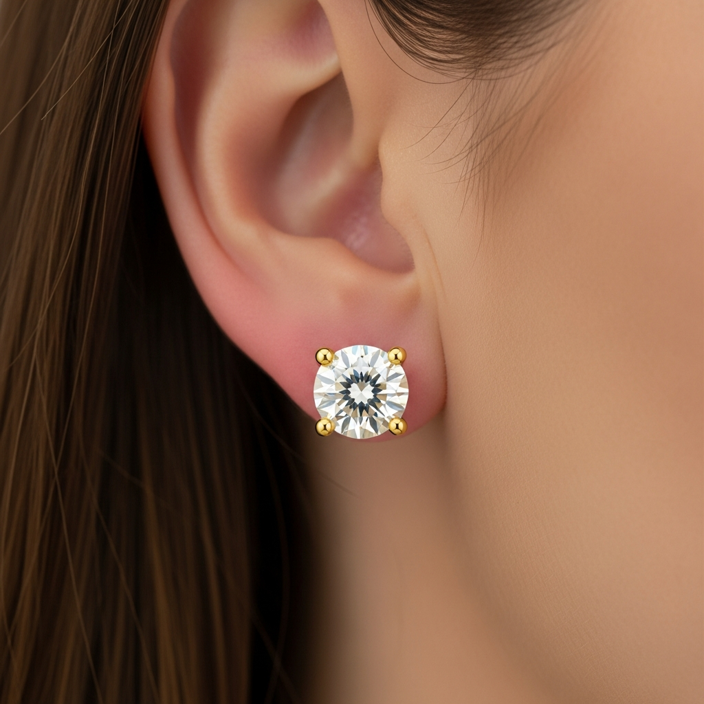 Yellow Gold Moissanite Stud Earrings - Model Wearing