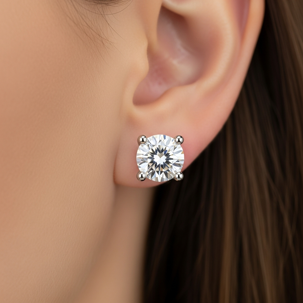White Gold Moissanite Stud Earrings - Model Wearing