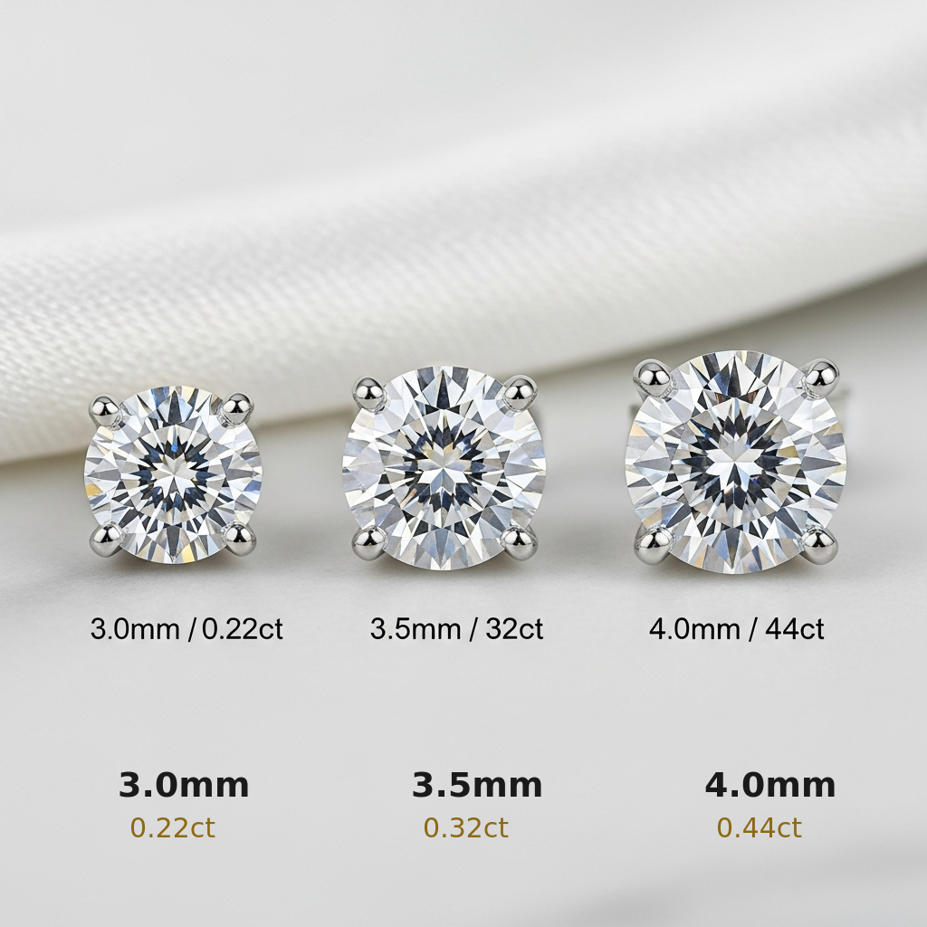 Lab Diamond Stud Earrings White Gold - Size Comparison 3.0mm 3.5mm 4.0mm