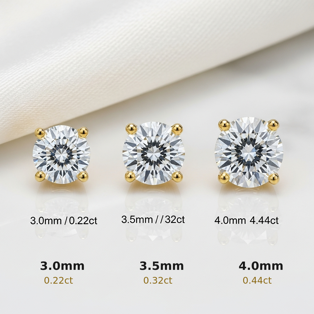 Lab Diamond Stud Earrings Yellow Gold - Size Comparison 3.0mm 3.5mm 4.0mm
